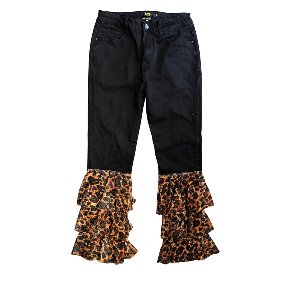 L&B Lucky & Blessed Black Denim Leopard Ruffle Bell Bottom Jeans Size 8
